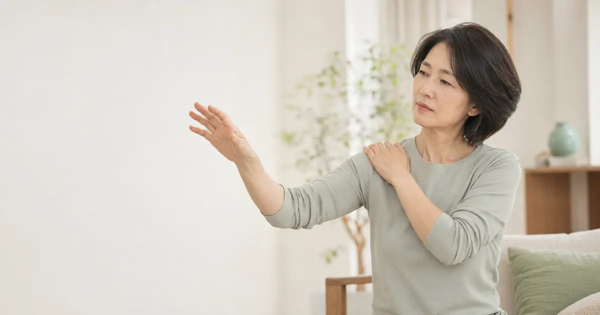 팔을 들어 어깨 움직임을 확인하는 환자