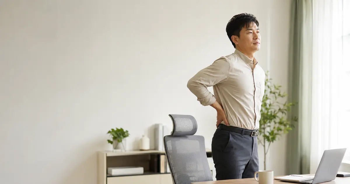 허리의 불편한 부위를 짚으며 움직임을 확인하는 환자