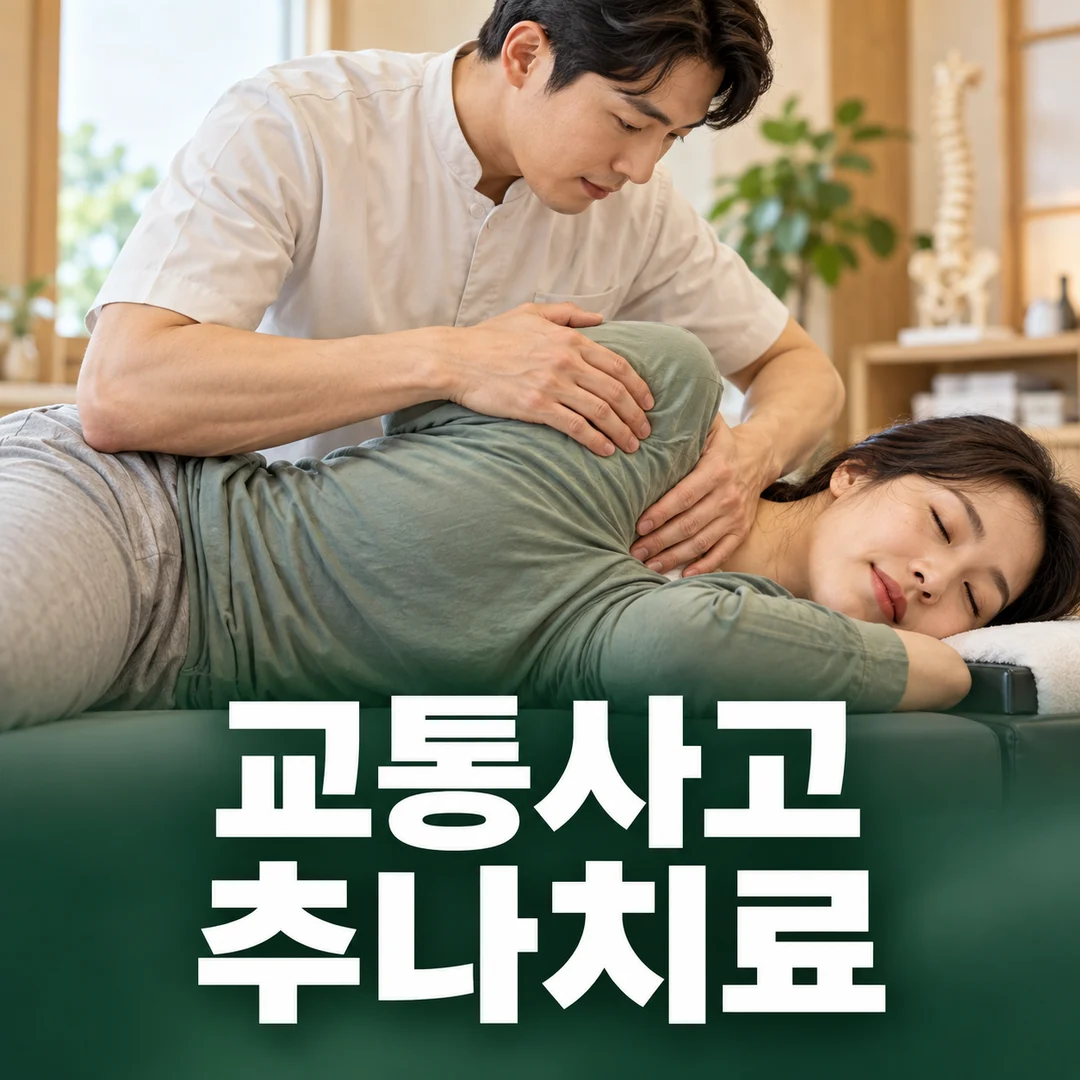 치료대에서 환자의 어깨와 등 움직임을 살피는 수기 진료 장면