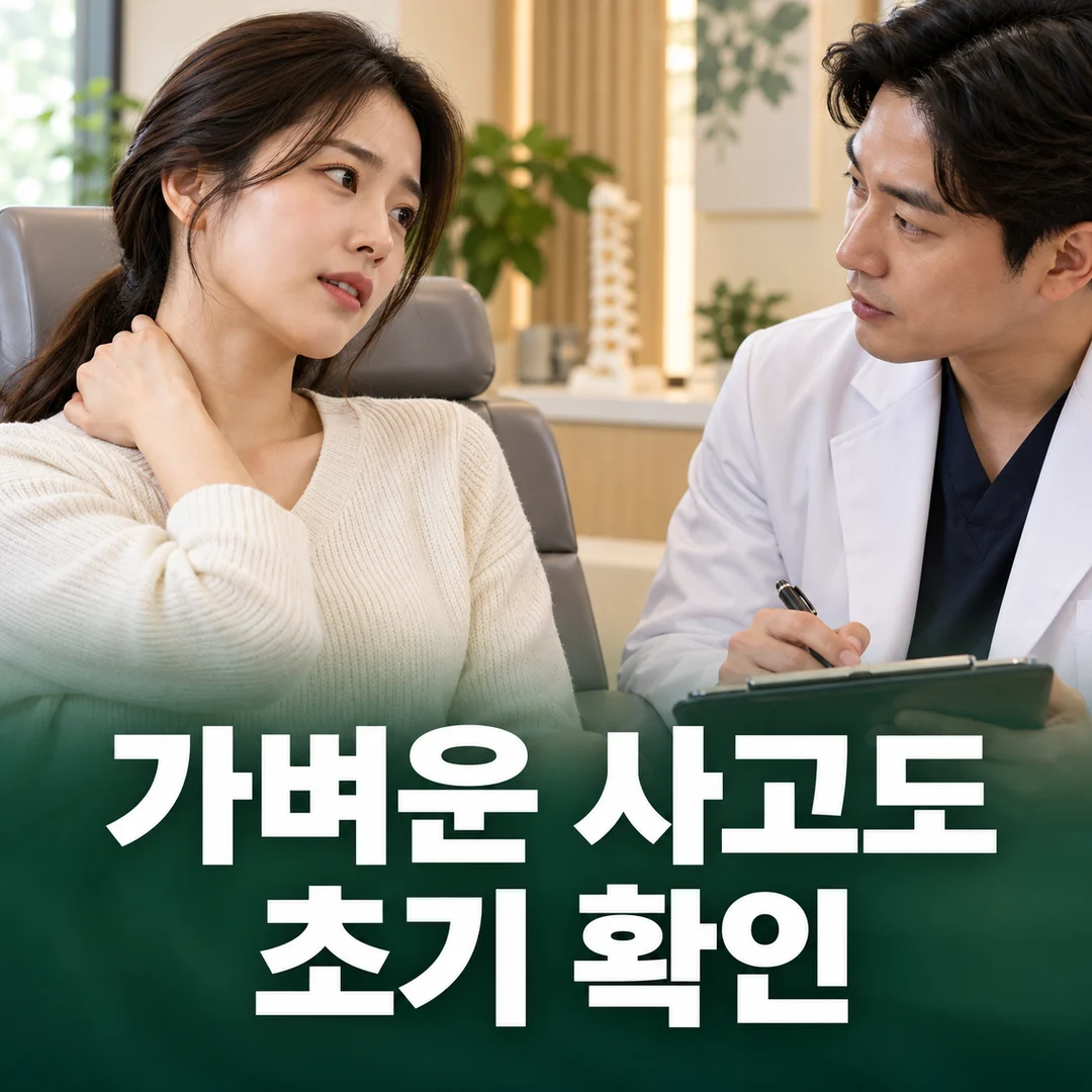 목과 어깨의 불편을 설명하며 초기 진찰을 받는 환자