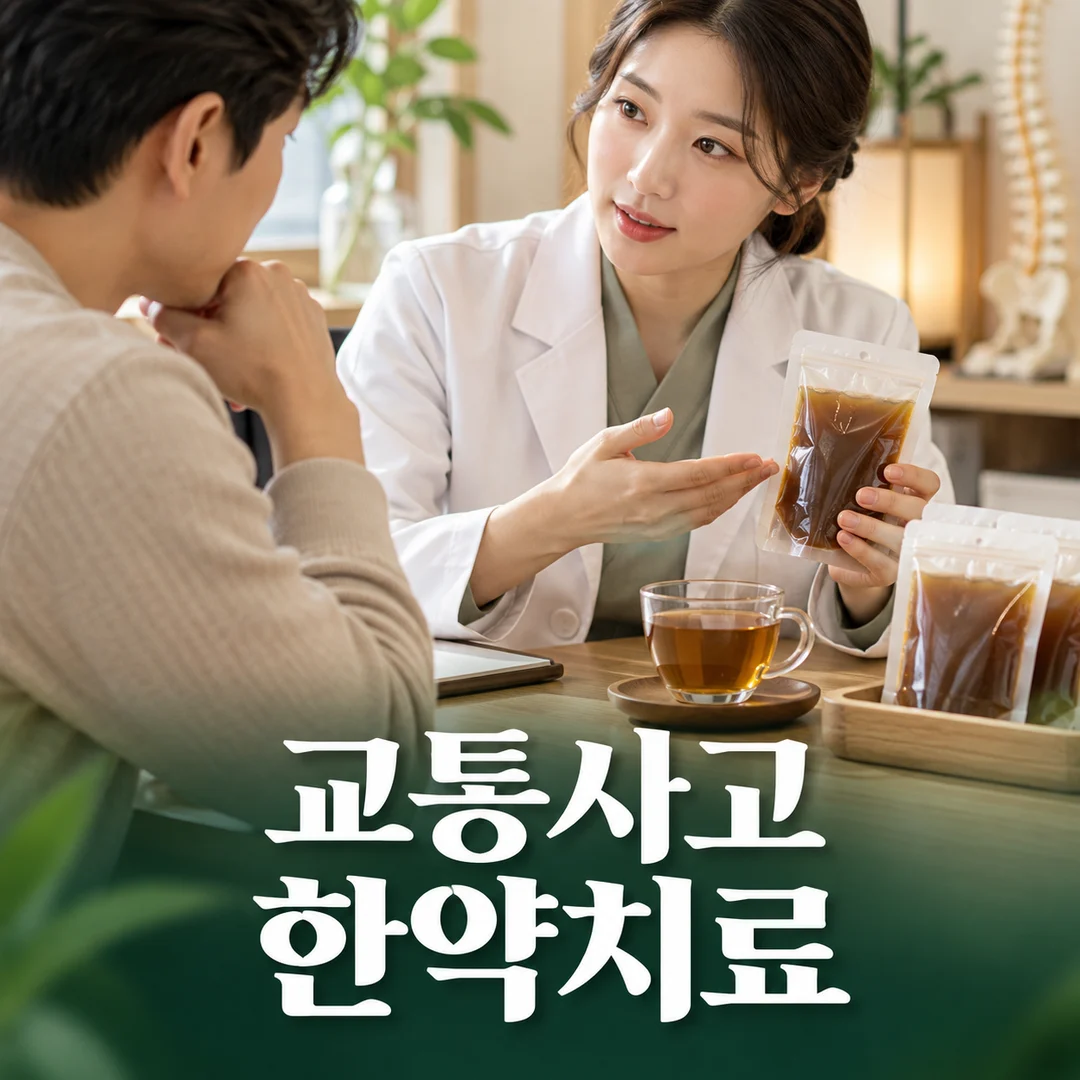 진료 상담 책상에 정돈된 한약 파우치와 유리잔
