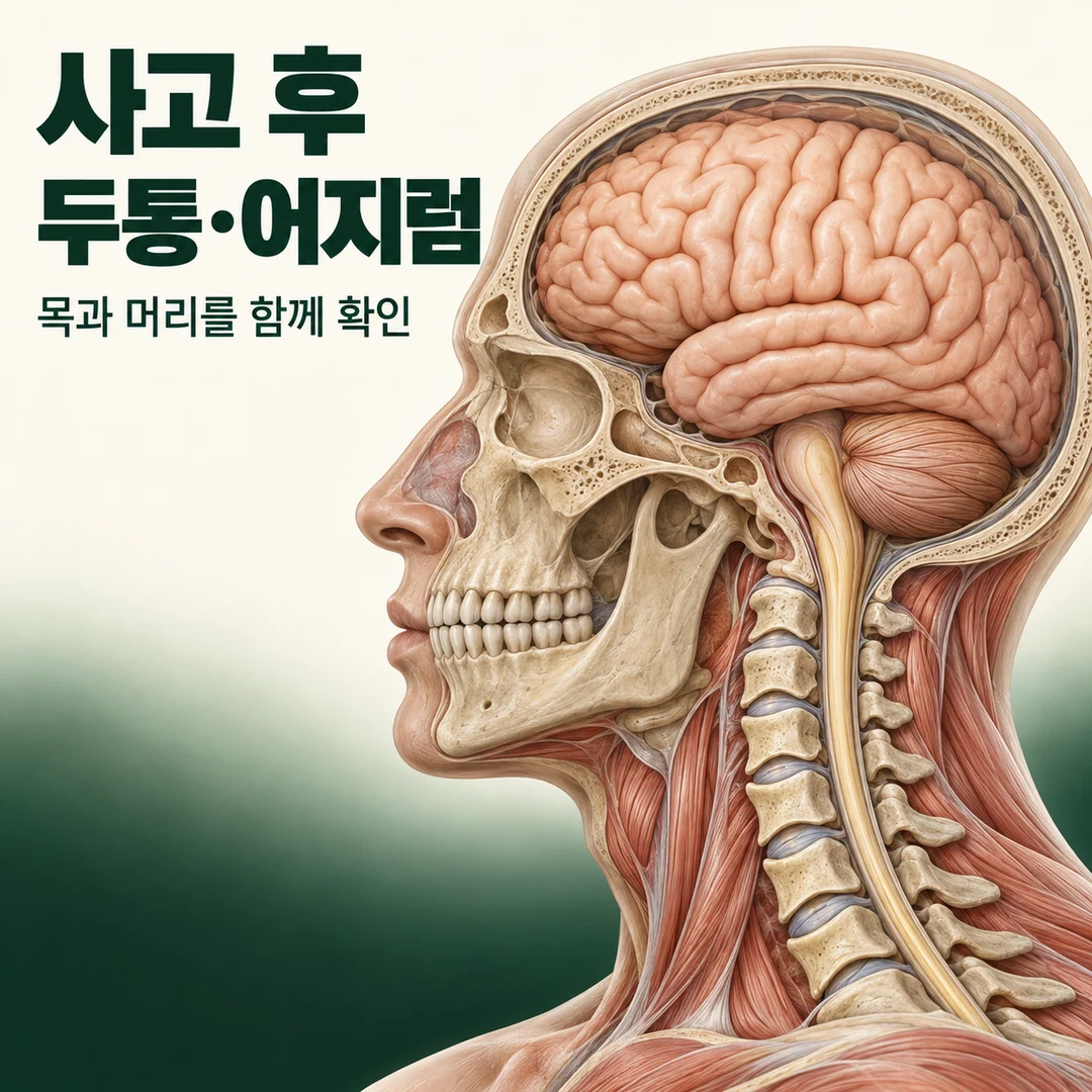 뇌·두개골·경추의 위치 관계를 보여주는 머리와 목의 해부 일러스트