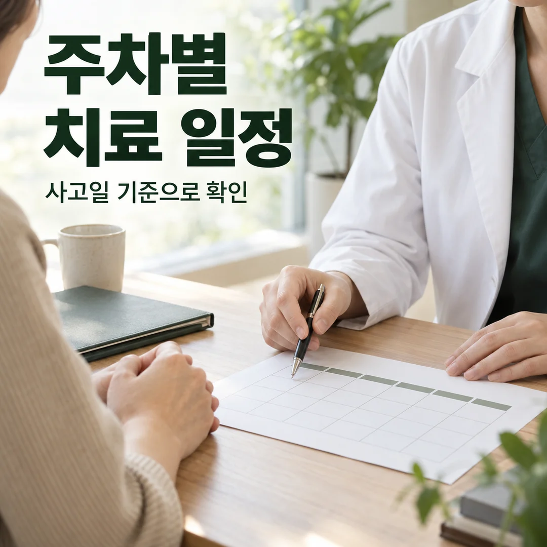 상담 책상에서 주간 달력을 보며 통원 일정을 의논하는 손과 서류