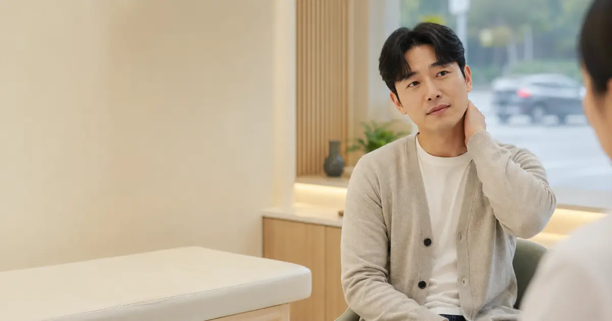 교통사고 후 목과 몸 상태를 살피는 환자