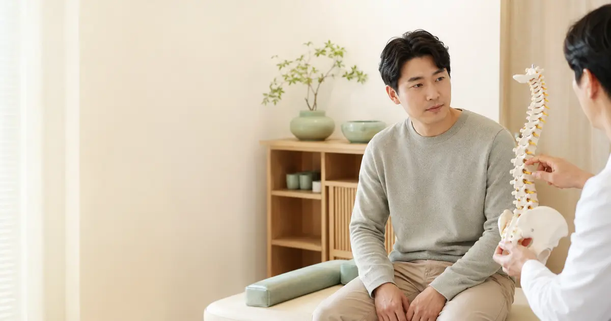 척추와 골반의 움직임을 설명받는 환자