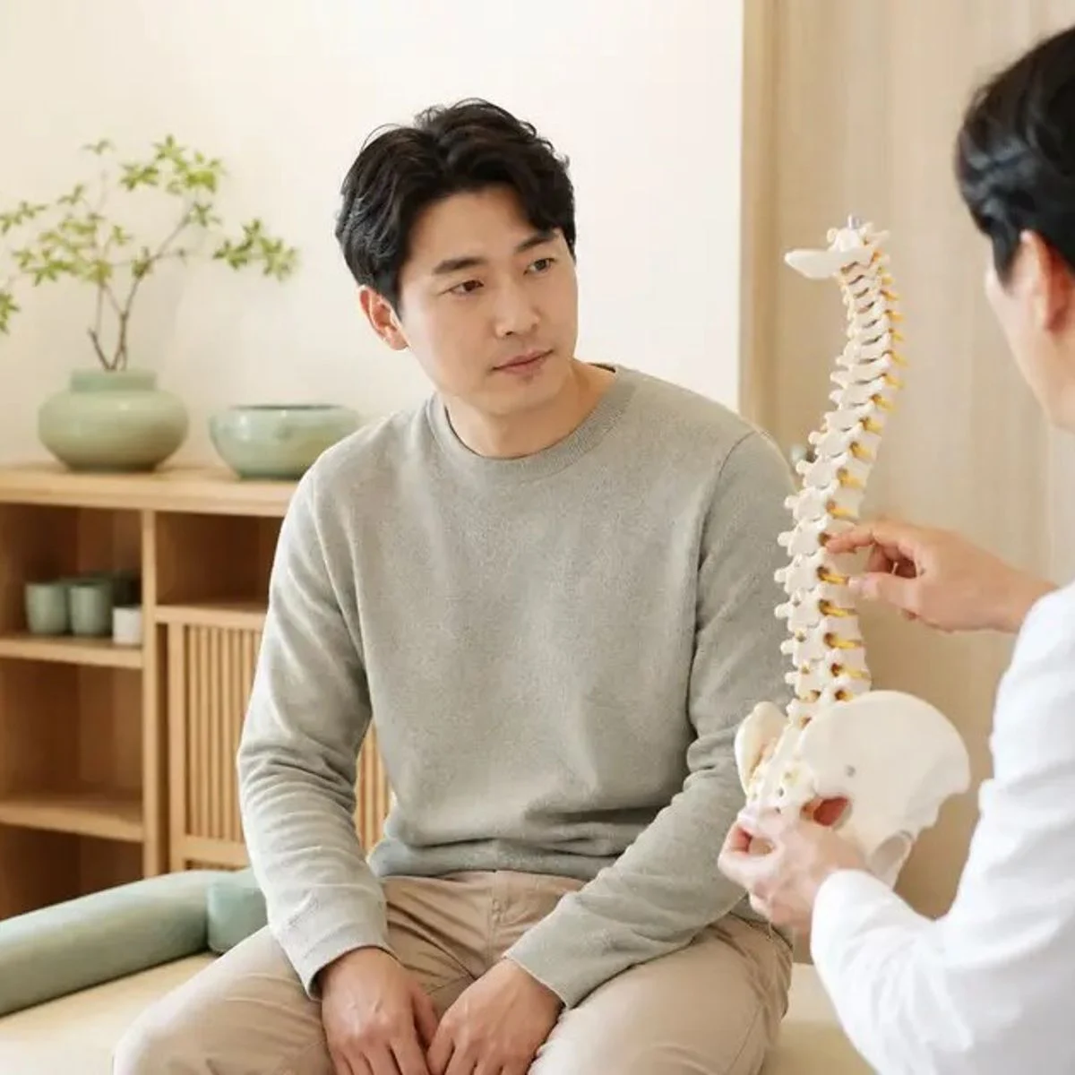 척추 모형을 짚으며 환자에게 상태를 설명하는 원장