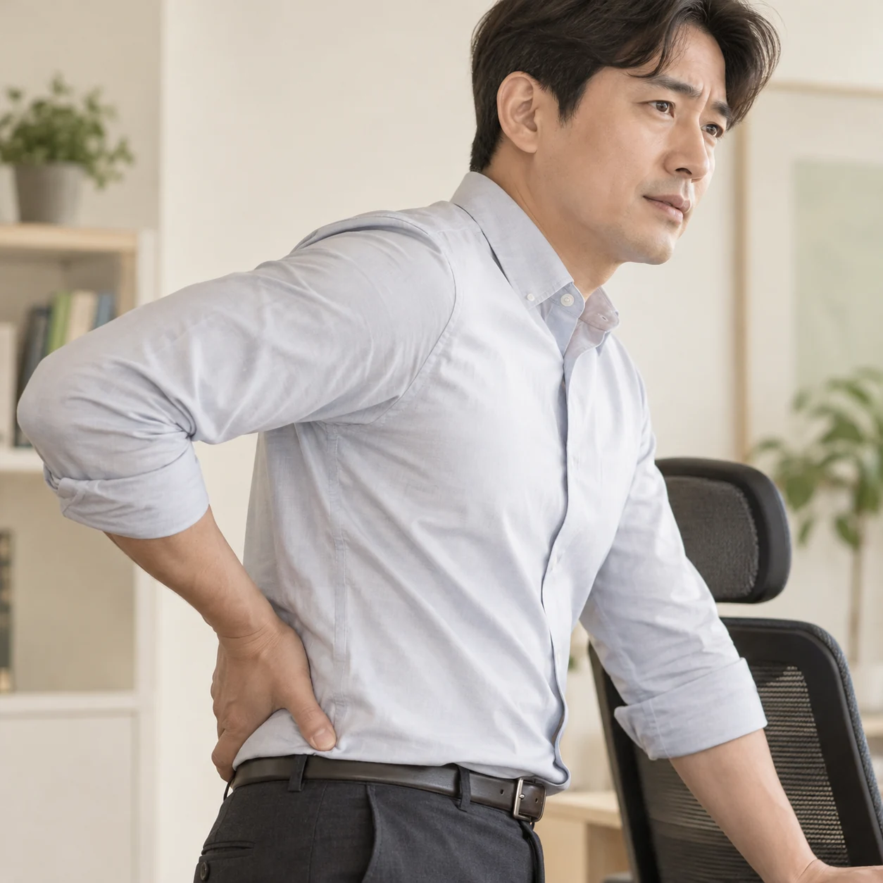 일어선 자세에서 허리에 손을 댄 성인