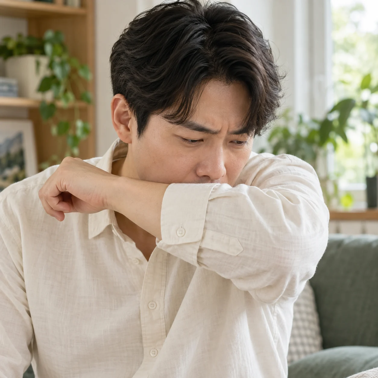 구부린 팔로 입을 가리고 기침하는 성인