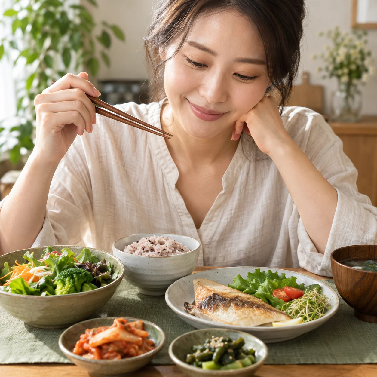 일상 식탁에서 식사를 살펴보는 성인