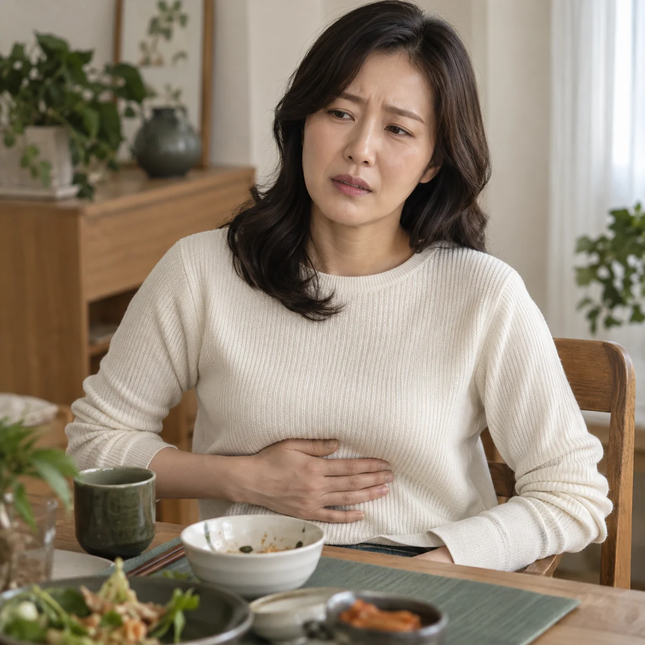 식탁에 앉아 윗배에 손을 댄 성인