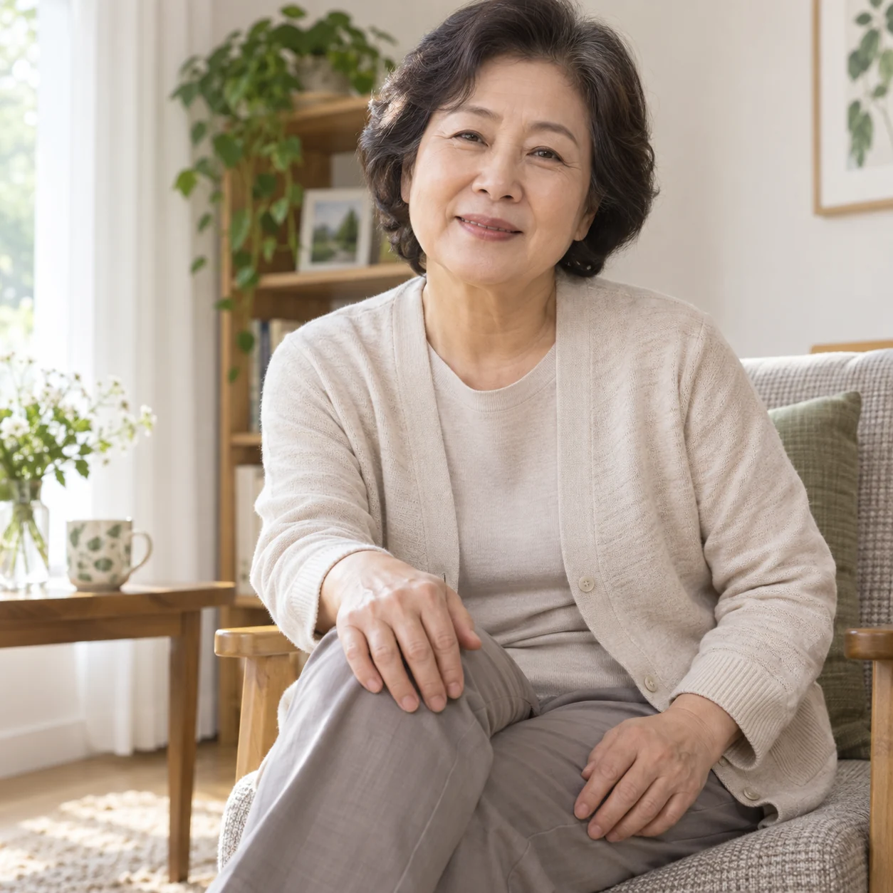 의자에 앉아 무릎 위에 손을 댄 성인