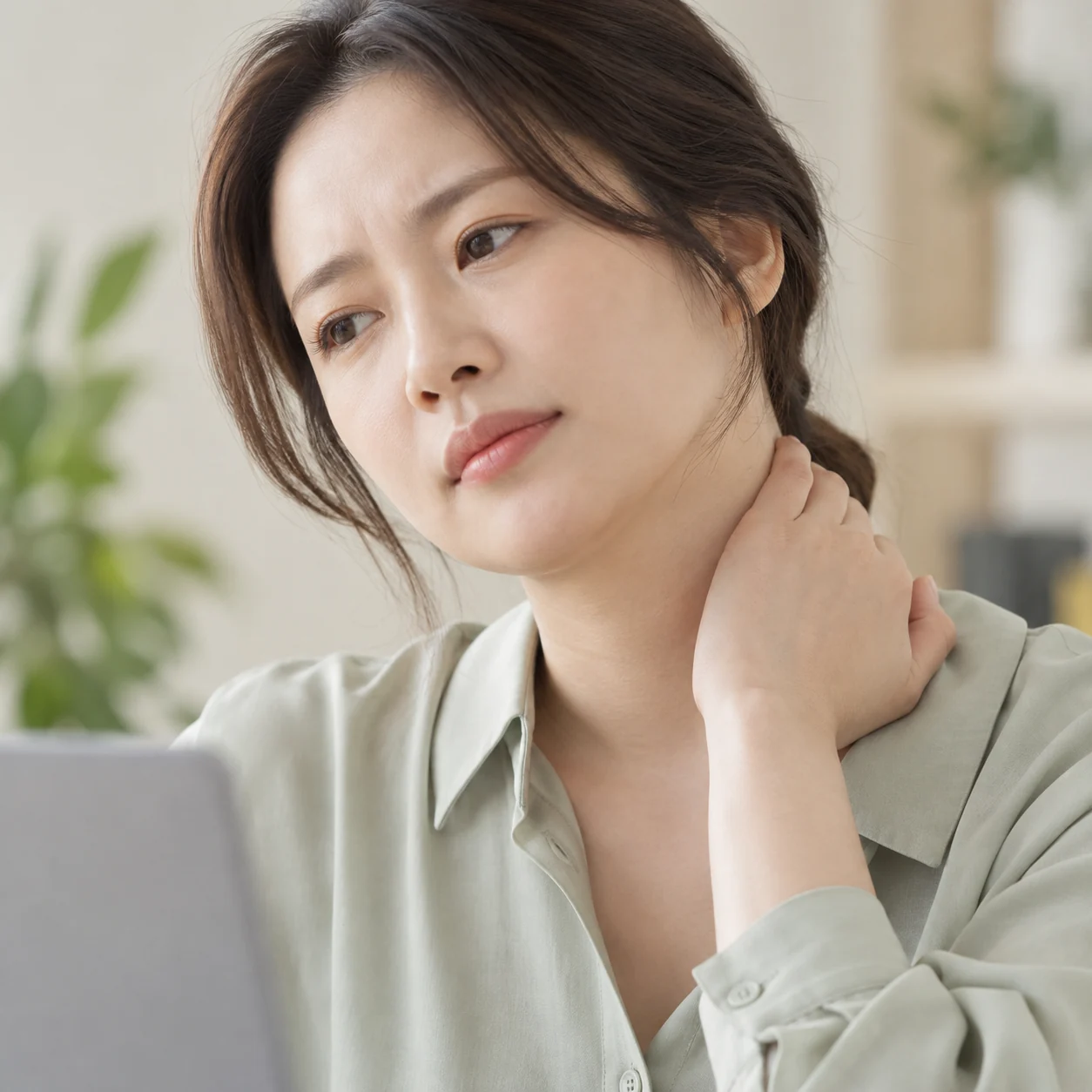 목과 어깨의 불편을 살피는 성인
