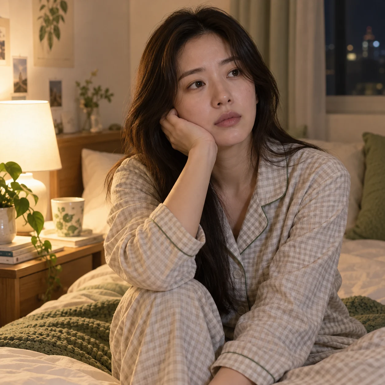 침대 가장자리에 앉아 잠들기 어려운 밤을 보내는 성인
