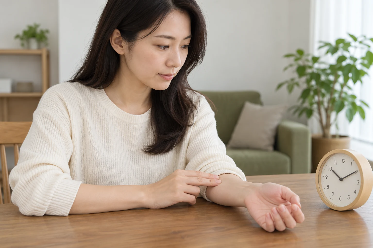 앉아서 손목의 맥박을 확인하고 시간을 살피는 성인
