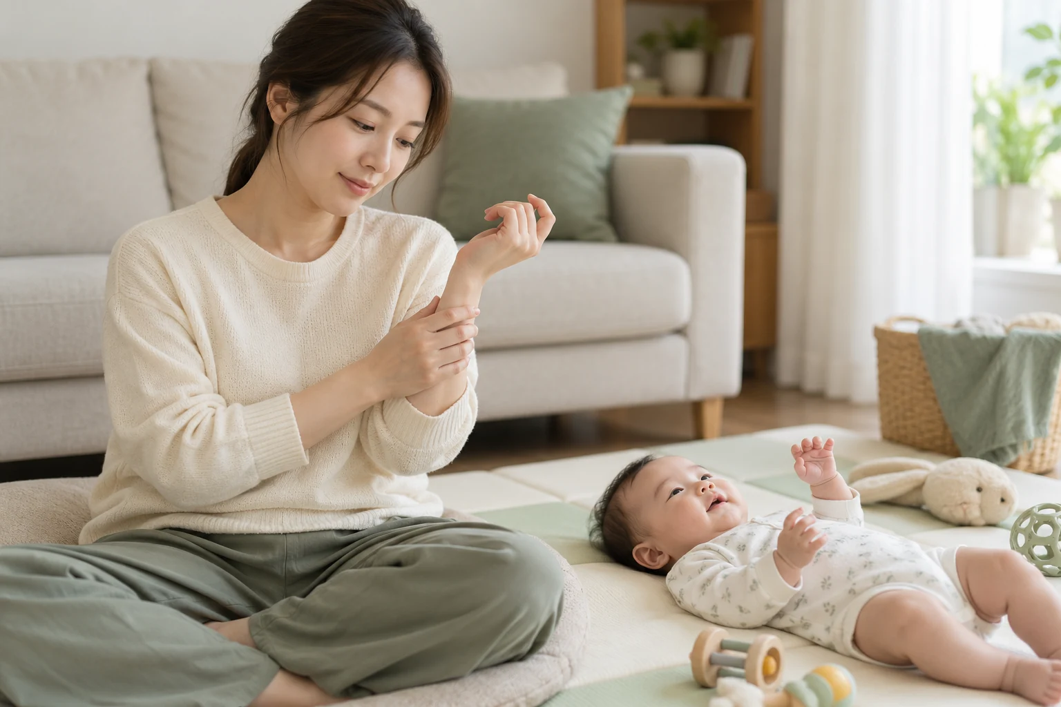 아기 옆에서 엄지 쪽 손목의 불편을 살피는 보호자