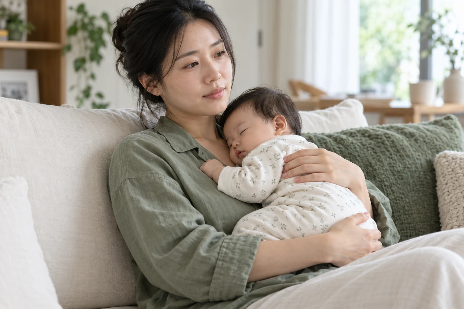 소파에 앉아 잠든 아기를 안고 쉬는 보호자