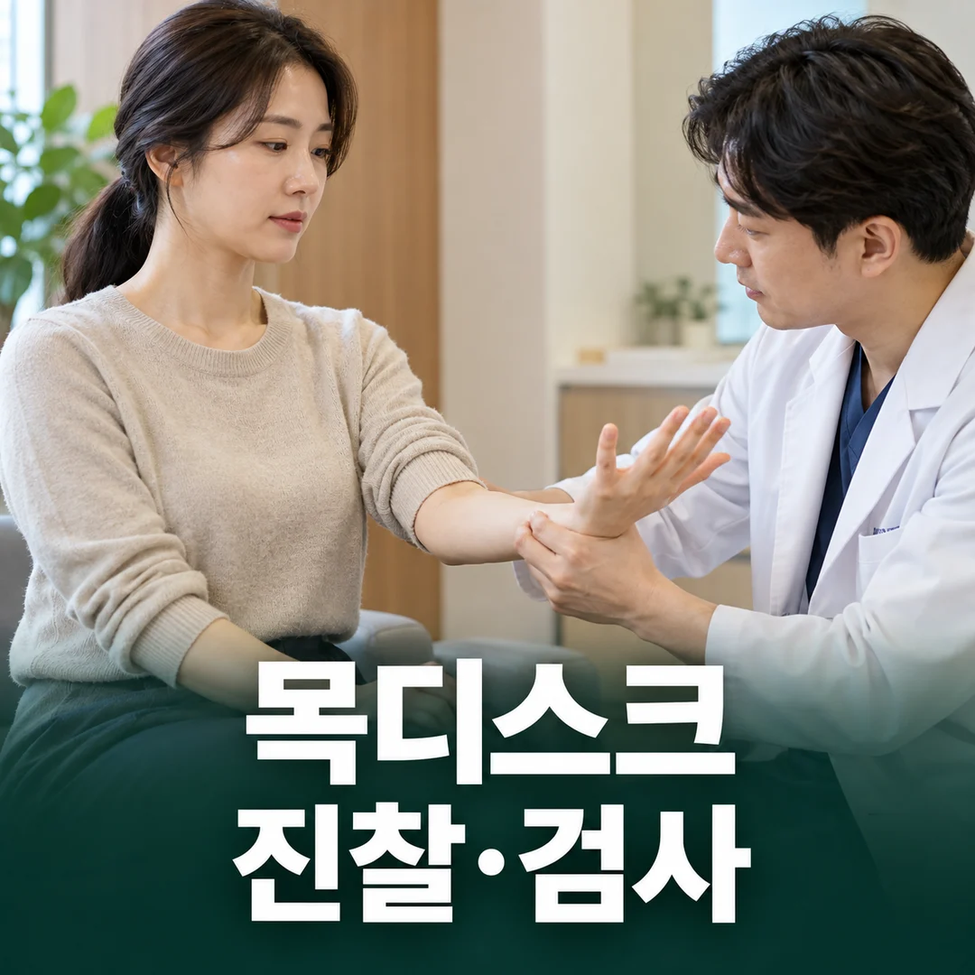 목을 중립으로 둔 환자의 팔과 손 상태를 확인하는 진찰 장면