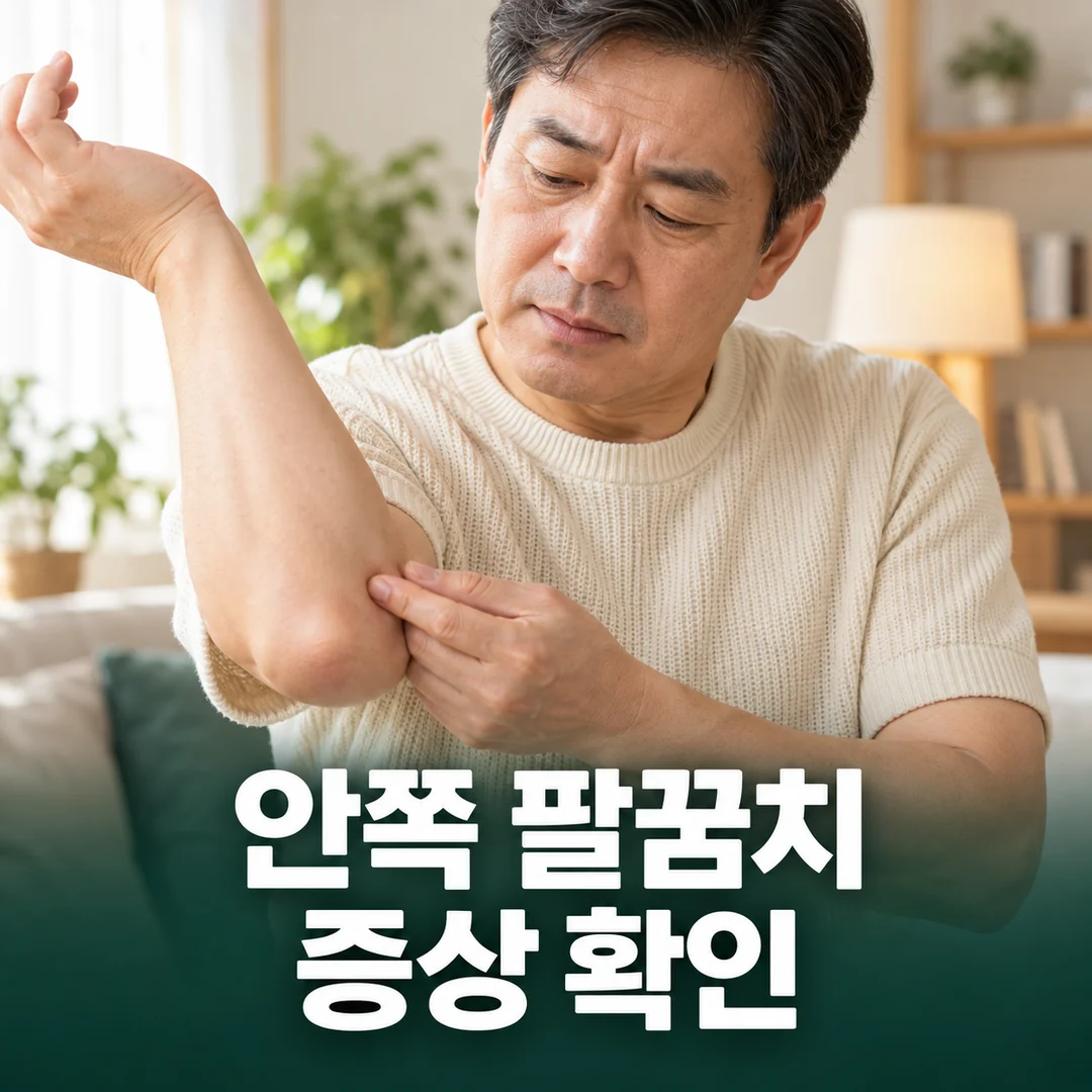 골프엘보 증상 확인: 팔꿈치 안쪽을 짚으며 불편한 위치를 확인하는 모습
